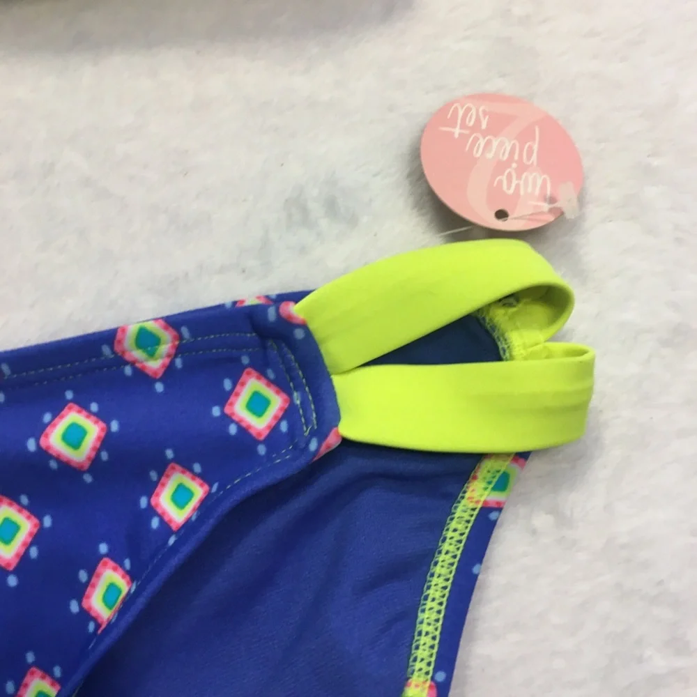 GB Girls Two Piece‎ Swimsuit Kids 14 Blue Neon Yellow New Geometric Bikini Set